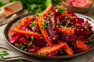 Fresh beet and carrot salad with parsley and sesame seeds on a plate