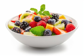 Fresh fruit salad and berries in a white bowl