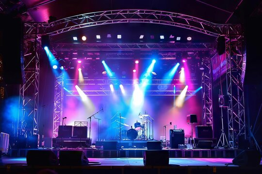 live music stage with circular truss and colorful lighting equipment