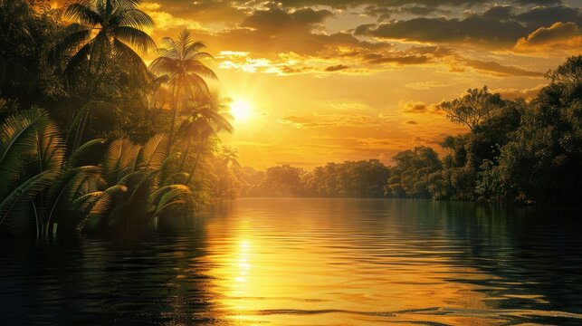 Panoramic golden sunset on the tropical calm river water. AI generated image