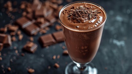 Irresistible chocolate mousse garnished with chocolate pieces in a glass on a moody backdrop