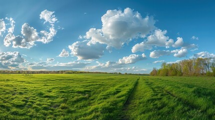Panoramic beautiful blue sky with fluffy clouds over green field landscape. AI generated image