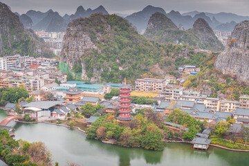 Scenic view of Mulong lake and Guilin city from top of Diecai Mountain