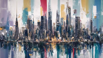  an abstract interpretation of a city skyline. gestural brushstrokes, the dynamic energy of urban life through bold, expressive forms and dynamic compositions