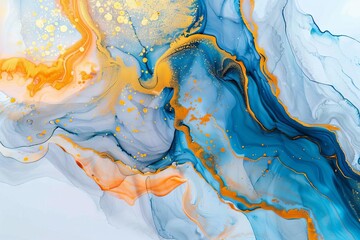 luxurious abstract fluid art with blue orange and gold ink