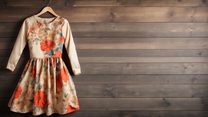 beige flower print dress on old wooden wall background from Generative AI