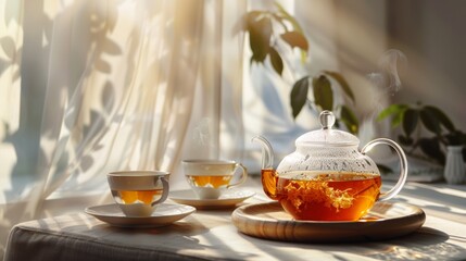 Tranquil morning tea pour with white porcelain and soft sunlight filtering through curtains