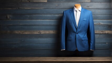 blue formal suit on old wooden wall background from Generative AI - obrazy, fototapety, plakaty