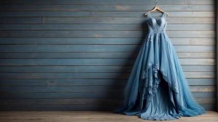 blue wedding dress on old wooden wall background from Generative AI