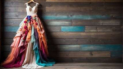 colorful wedding dress on old wooden wall background from Generative AI