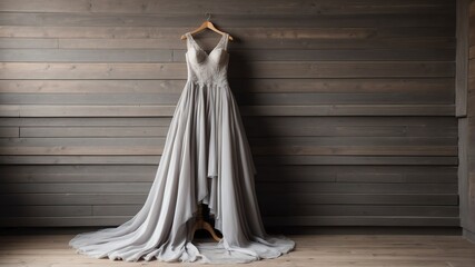 gray wedding dress on old wooden wall background from Generative AI