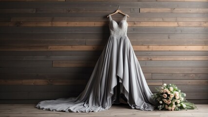 gray wedding dress on old wooden wall background from Generative AI