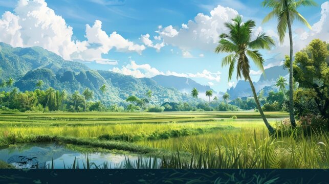 Beautiful rural landscape rice fields with mountains background. AI generated image