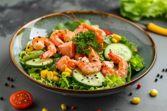 Fresh salad with salmon shrimp corn cucumber tomato and lettuce High quality image