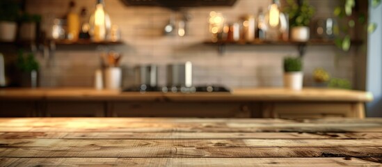 Wooden tabletop on a blurred kitchen background, suitable for showcasing products or designing visual layouts.