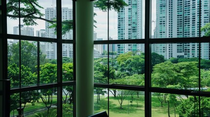 Captures the interior of a highrise condo with floortoceiling windows overlooking a city park, the vibrant greens outside enhancing the value of the prosperous property