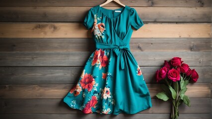 teal flower print dress on old wooden wall background from Generative AI