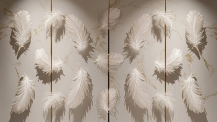  panel wall art, featuring a luxurious marble background adorned with delicate feather accents. Each feather exudes grace and sophistication