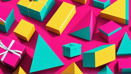 abstract background with geometric shapes and gift box in pink and yellow