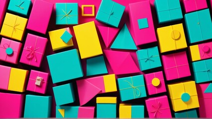 abstract background with geometric shapes and gift box in pink and yellow