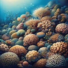 world of an underwater coral reef using the technique of pointillism