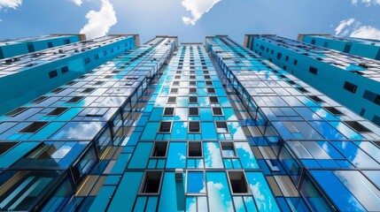 Captures the facade of a new condominium, painted in vibrant fresh blues that reflect the sky, creating a lively and inviting presence in the urban landscape