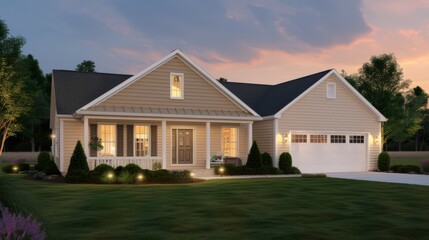 Captures the exterior of a singlefamily home at twilight, the warm beiges of the siding enhanced by the golden hour light, creating a picture of homey bliss