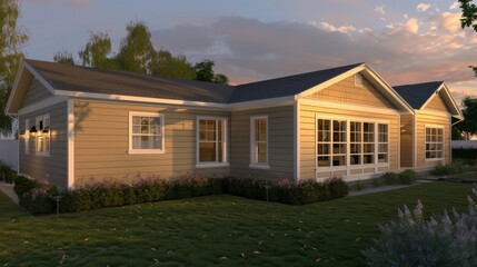 Captures the exterior of a singlefamily home at twilight, the warm beiges of the siding enhanced by the golden hour light, creating a picture of homey bliss