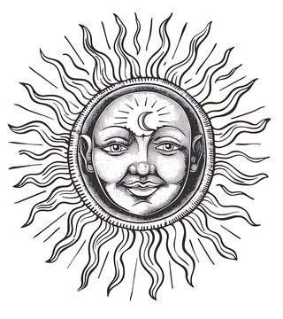 A line art drawing of the sun with an illustration of its face in black ink on a white background
