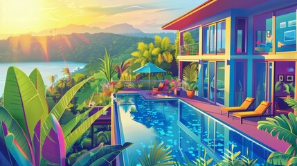 Captures a stunning aerial view of a luxurious house with a swimming pool, the cool blue waters contrasting beautifully against the lush green landscape, epitomizing upscale living