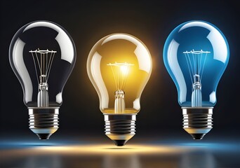 Captivate with our stock photo trio: 3 glowing light bulbs against a dark backdrop, showcasing filaments and electric energy. Illuminate your projects today