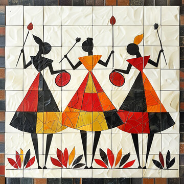 Traditional Warli art from India of three women in colorful clothes on a background of textured tiles.