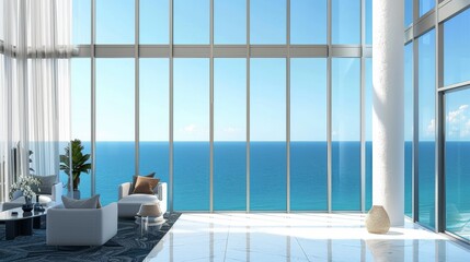Captures a panoramic view from a condominium, where the deep blues of the ocean stretch to the horizon, offering a breathtaking backdrop to every window
