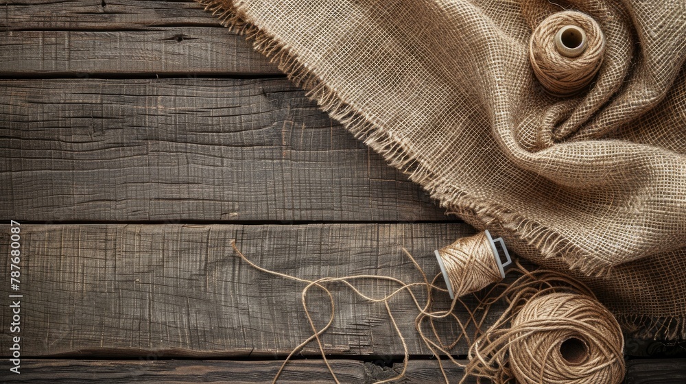Poster top down view of burlap fabric thread spool and jute on wooden surface with available space for text