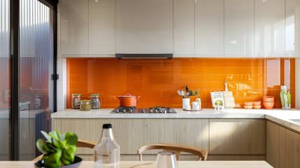 Fototapeta na wymiar Arranges a modern kitchen scene in the townhouse, featuring vibrant orange backsplash tiles, combining functionality with a sense of urban flair near the metro