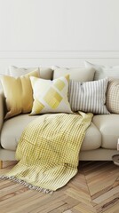 Arranges a living room scene where a simple yet stylish yellow throw blanket and matching pillows revive a neutral sofa, demonstrating affordable flair