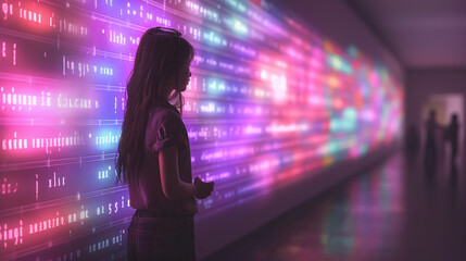 Contemplative Young Woman Standing Before a Vibrant Neon Code Wall - Futuristic Digital Art Concept