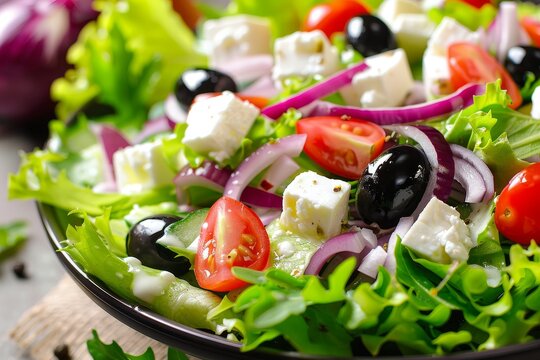 Greek salad with feta cheese olives tomatoes onion rocket lettuce Symbolic image of a tasty and healthy vegetarian meal Close up front view