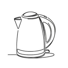 A minimalist line drawing showcases an electric kettle, highlighting its sleek design along with the details of its spout and handle, all depicted through a continuous line 