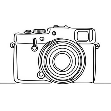 A minimalist line drawing showcases a camera, highlighting its compact design and the details of its lens and buttons, all depicted through a continuous line on an isolated white background.