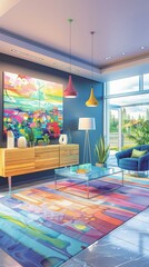 Arranges an artistic display in the condominium s entryway, where sculptures and paintings are set against sleek gray walls, showcasing the buildings commitment to modern aesthetics and culture
