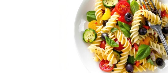 Pasta Salad served with a fork against a white backdrop