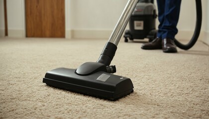 Professional carpet cleaning service janitor using vacuum commercial carpeting meticulously groomed by janitorial equipment - ideal for advertising cleaning businesses, vacuums or floor maintenance
