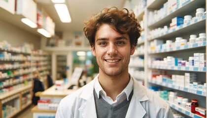 Portrait of a handsome male pharmacist posing in a drugstore with shelves of medicine