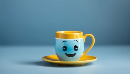 Blue Monday concept with cute small blue mug, smiling face emoji, on blue background, banner layout with copy space - 787681830