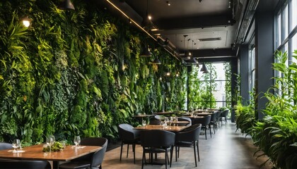 Eco-friendly cafe or restaurant interior with living green wall, vertical garden in biophilic design style