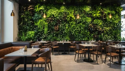 Eco-friendly cafe or restaurant interior with living green wall, vertical garden in biophilic design style