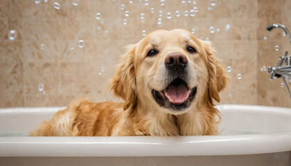 Joyful golden retriever enjoying a bubbly bath, bathtub filled with soap foam - obrazy, fototapety, plakaty