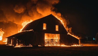 Barn on fire at night, intense flames and thick smoke creating a dramatic inferno atmosphere - 787681887