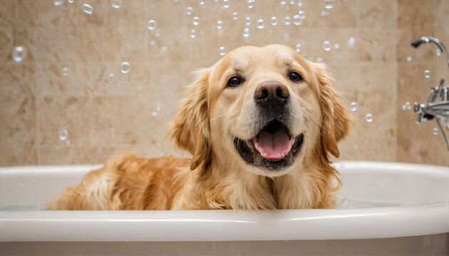 Joyful golden retriever enjoying a bubbly bath, bathtub filled with soap foam